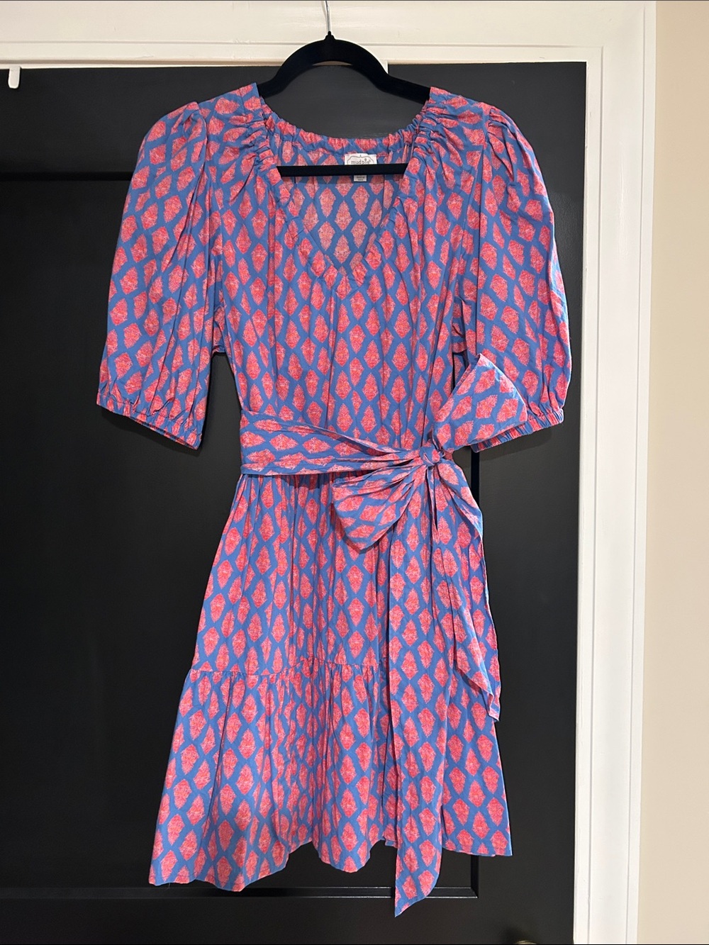 Mud Pie Women's Pink and Blue Block Print Tie-Waist Dress